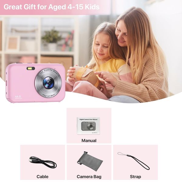 Digital Camera,FHD 1080P Kids Camera,Anti-Shake 16X Digital Zoom,44MP Point Shoot Camera,Compact Portable Small Gift Camera for Kid Teen Student Girl Boy (Pink)