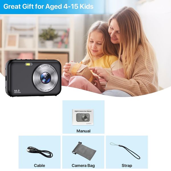 Digital Camera,FHD 1080P Kids Camera with 32GB Card Battery,Anti-Shake 16X Digital Zoom,44MP Point Shoot Camera,Compact Portable Small Gift Camera for Kid Teen Student Girl Boy (Black)