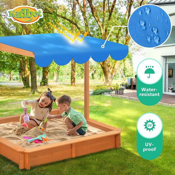 Kids Sandpit Box Canopy Outdoor Toys Sand Pit Children Play Station Wooden Set Ground Cover Beach Shade Seat Board Backyard Center 118cm Kidbot