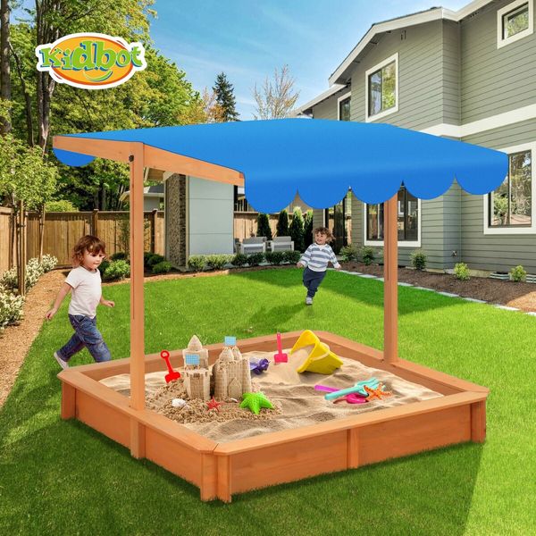 Kids Sandpit Box Canopy Outdoor Toys Sand Pit Children Play Station Wooden Set Ground Cover Beach Shade Seat Board Backyard Center 118cm Kidbot