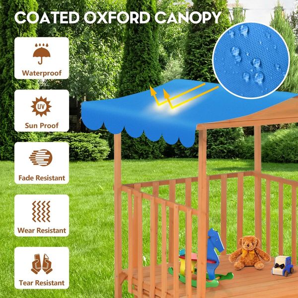 Kids Playhouse Sand Pit Wooden Box Canopy Children Play Ground Station Outdoor Toys Seat Rolling Wheel Backyard Activity Center Retractable Kidbot