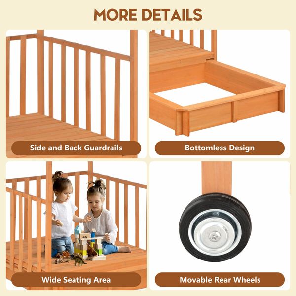 Kids Playhouse Sand Pit Wooden Box Canopy Children Play Ground Station Outdoor Toys Seat Rolling Wheel Backyard Activity Center Retractable Kidbot