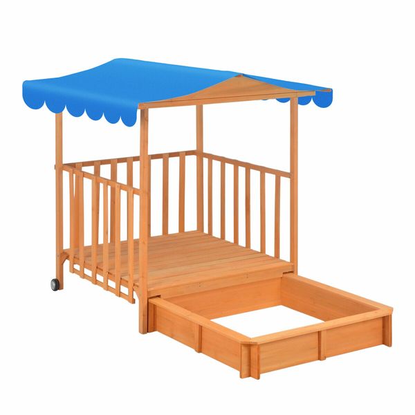 Kids Playhouse Sand Pit Wooden Box Canopy Children Play Ground Station Outdoor Toys Seat Rolling Wheel Backyard Activity Center Retractable Kidbot