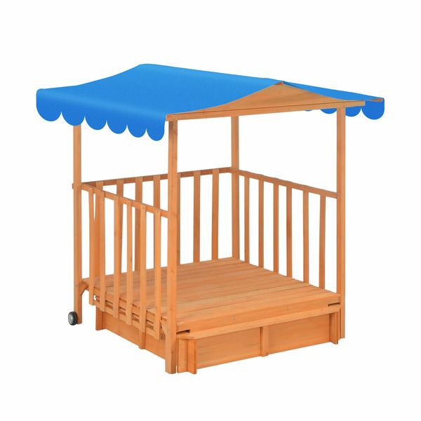 Kids Playhouse Sand Pit Wooden Box Canopy Children Play Ground Station Outdoor Toys Seat Rolling Wheel Backyard Activity Center Retractable Kidbot