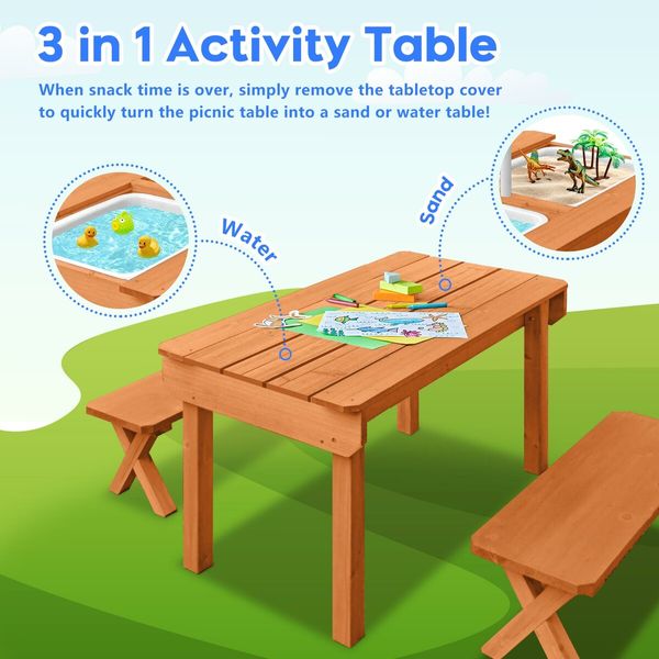 Kids Sand and Water Table Picnic Chairs Outdoor Wooden Bench Adjustable Umbrella Children Play Station Storage Playset Furniture Activity Center