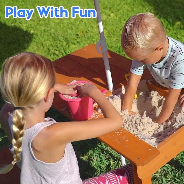 Kids Sand and Water Table Picnic Chairs Outdoor Wooden Bench Adjustable Umbrella Children Play Station Storage Playset Furniture Activity Center