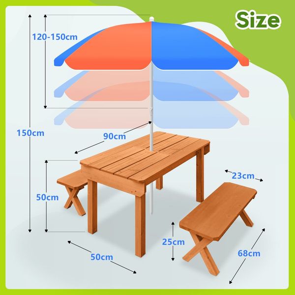 Kids Sand and Water Table Picnic Chairs Outdoor Wooden Bench Adjustable Umbrella Children Play Station Storage Playset Furniture Activity Center