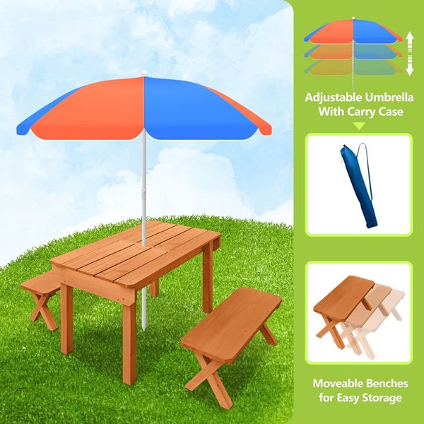 Kids Sand and Water Table Picnic Chairs Outdoor Wooden Bench Adjustable Umbrella Children Play Station Storage Playset Furniture Activity Center