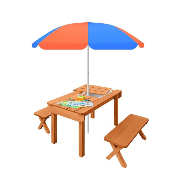 Kids Sand and Water Table Picnic Chairs Outdoor Wooden Bench Adjustable Umbrella Children Play Station Storage Playset Furniture Activity Center