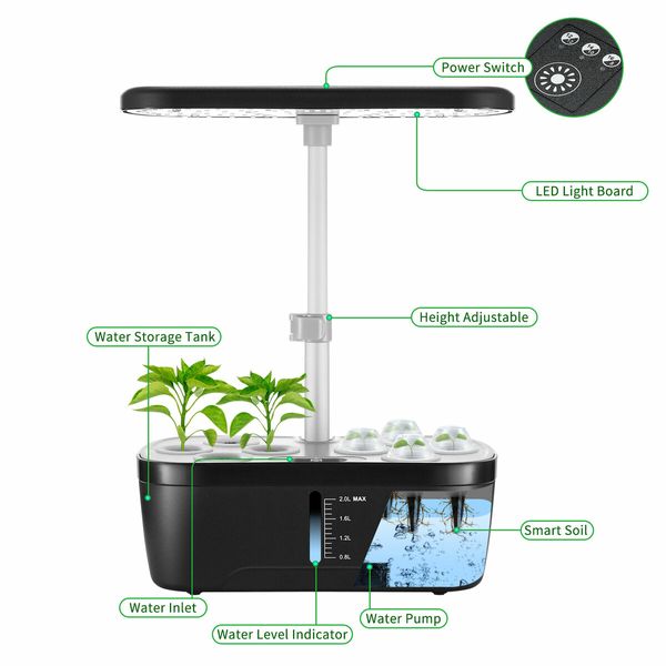 Hydroponics Growing System 8 Pods Indoor Herb Garden Kit Full Spectrum LED Grow Light Smart Water Pump Tank Planter Plant Germination