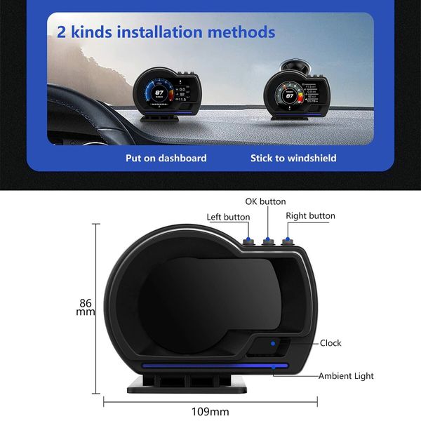 Car HUD Head Up Display P6,OBD+GPS Smart Gauge,Works Great for Most Cars