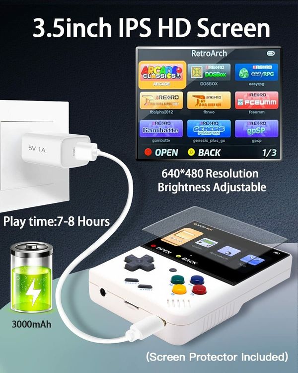 Miyoo Mini Plus,Retro Handheld Game Console with 64G TF Card,Support 10000+Games,3.5-inch Portable Rechargeable Open Source Game Console Emulator with Storage Case,Support WiFi (White)