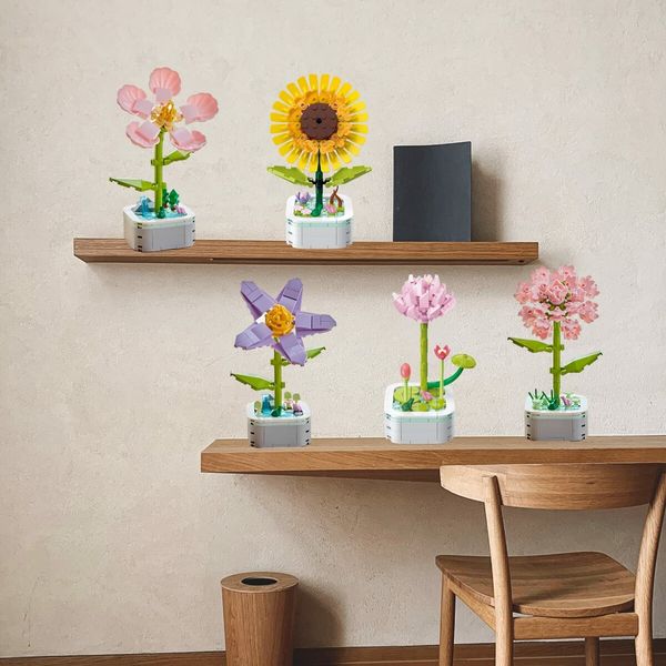 Building Block Flower Bouquet Building Sets DIY Creative Potting Building Blocks Flowers Artificial Flower Toy Gifts(Peach Blossom)