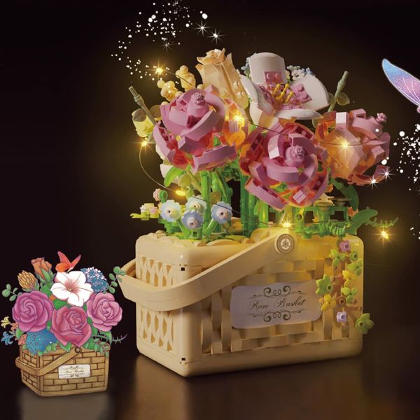 1277 Pcs Mini Flower Bouquet Basket Building Blocks Model Set Flower Bonsai Plant Collection Construction Building Bricks Toy Home Decor (Rose)