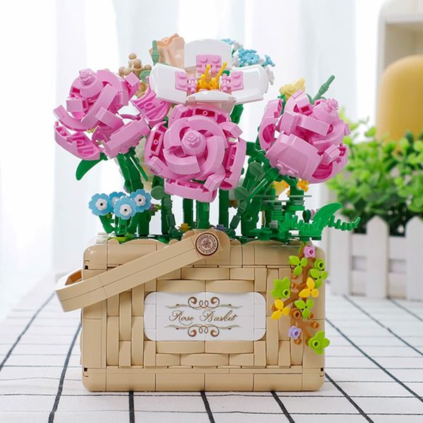 1277 Pcs Mini Flower Bouquet Basket Building Blocks Model Set Flower Bonsai Plant Collection Construction Building Bricks Toy Home Decor (Rose)