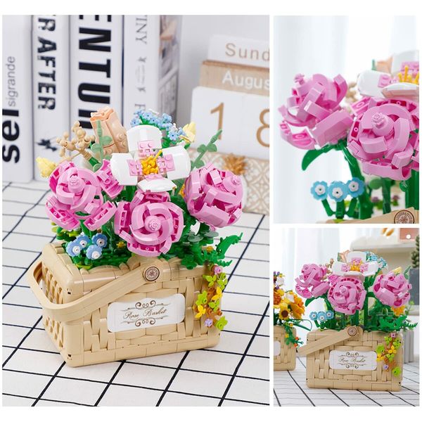 1277 Pcs Mini Flower Bouquet Basket Building Blocks Model Set Flower Bonsai Plant Collection Construction Building Bricks Toy Home Decor (Rose)