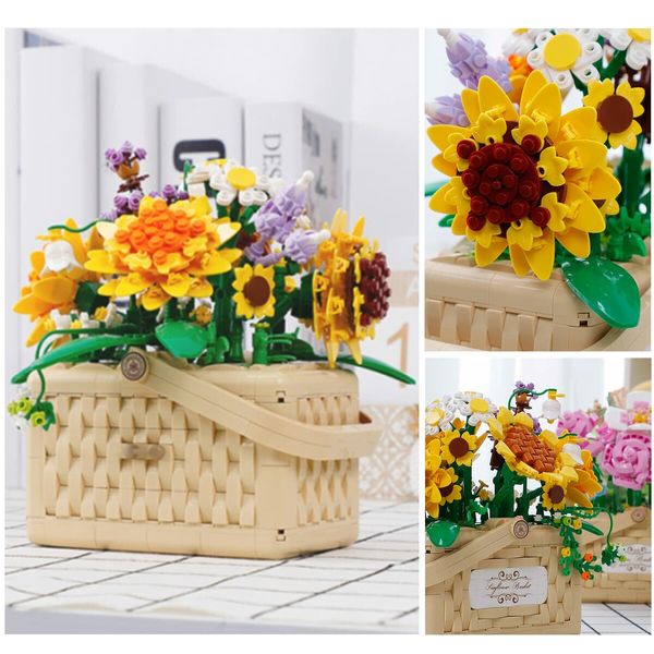 1295 Pcs Mini Flower Bouquet Basket Building Blocks Model Set Flower Bonsai Plant Collection Construction Building Bricks Toy Home Decor (Sunflower)