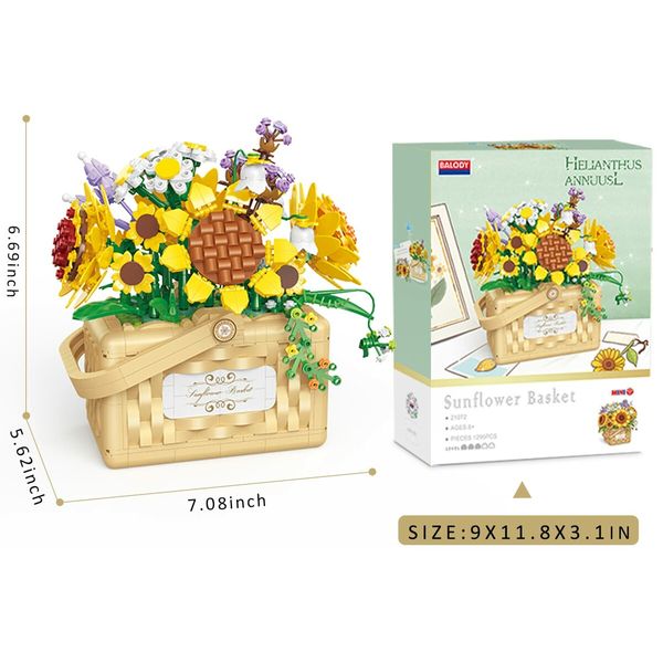 1295 Pcs Mini Flower Bouquet Basket Building Blocks Model Set Flower Bonsai Plant Collection Construction Building Bricks Toy Home Decor (Sunflower)