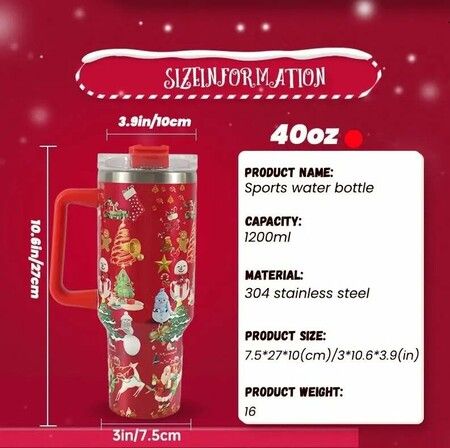 40oz Christmas Insulated Cold COOL HOT Tumbler Handle and Straw, Stainless Steel Tumbler  Car Mug Outdoor Sports Travel Christmas Gift  (Christmas red)