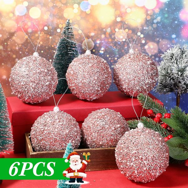 6 Pcs 8cm Christmas Tree Ball Ornaments Glitter Sequin Foam Ornaments Hanging Christmas Ball Decorations for Xmas Wedding Party Holiday Decor (ROSE GOLD)