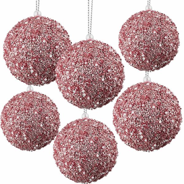 6 Pcs 8cm Christmas Tree Ball Ornaments Glitter Sequin Foam Ornaments Hanging Christmas Ball Decorations for Xmas Wedding Party Holiday Decor (ROSE GOLD)