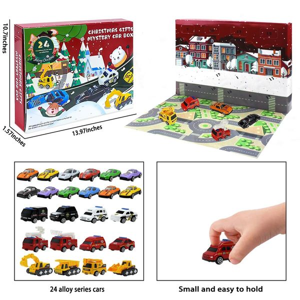 Christmas Advent Calendar,24 Days Countdown,24 Mini Alloys Inertia Cars Police Racing Construction Vehicles Fire Trucks Boys Kids Party Gifts