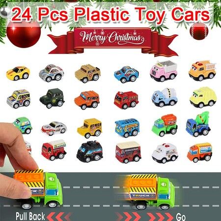 Advent Calendar Plastic Pull Back Cars for Boys, Girls, Kids  with 1 Map for Christmas Gifts Perfect Decor, Party Favors, Birthday