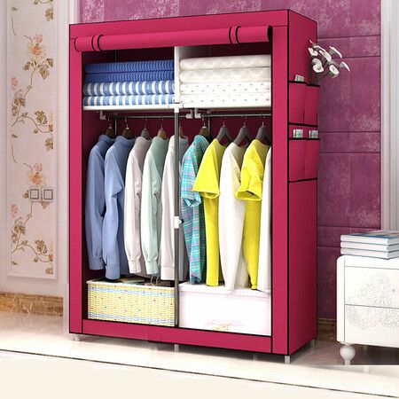 Foldable Mobile Textile Wardrobe Fabric Cupboard Folding Cupboard Wardrobe for Home BedroomRed