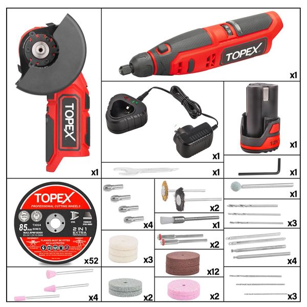 12V Cordless Rotary Tool Speed 5000-25000rpm With 12V Cordless Angle Grinder,12V 2.0Ah Lithium-Ion Battery&14.4V /0.4A charger