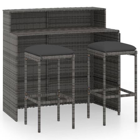 3 Piece Garden Bar Set with Cushions Grey