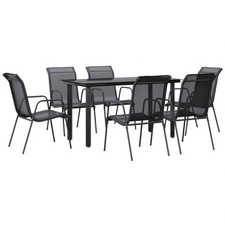 7 Piece Garden Dining Set Black Steel and Textilene