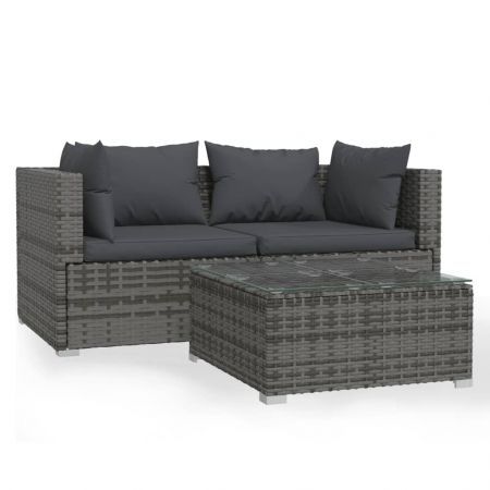 3 Piece Garden Lounge Set with Cushions Grey Poly Rattan