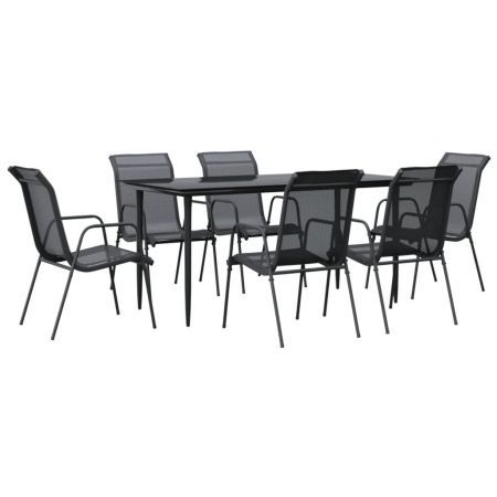 7 Piece Garden Dining Set Black Steel and Textilene