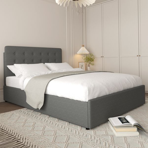 Queen Bed Frame with Headboard Gas Lift Up Storage Platform Wooden Mattress Base Foundation Support Hydraulic Upholstered Linen Fabric Grey