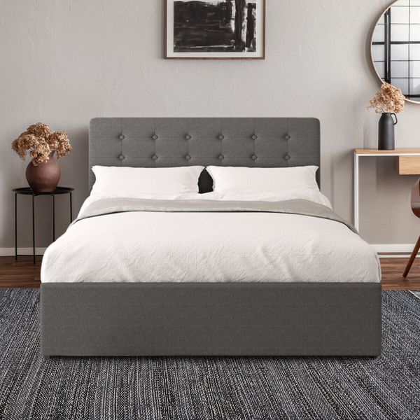 Queen Bed Frame with Headboard Gas Lift Up Storage Platform Wooden Mattress Base Foundation Support Hydraulic Upholstered Linen Fabric Grey