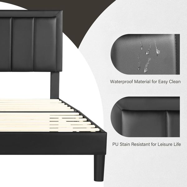 Bed Frame Queen Size RGB LED Lights Headboard Platform Mattress Base Black PU Leather Height Adjustable Bedhead Wooden Bedroom Furniture