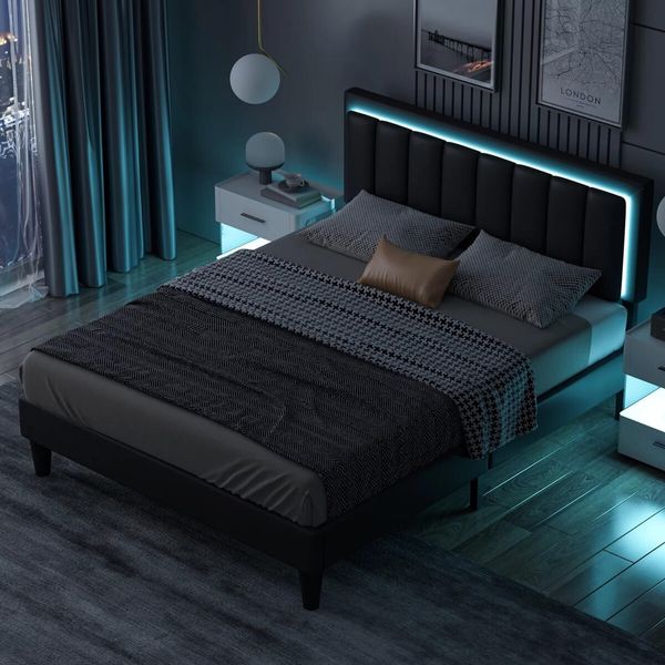 Bed Frame Queen Size RGB LED Lights Headboard Platform Mattress Base Black PU Leather Height Adjustable Bedhead Wooden Bedroom Furniture