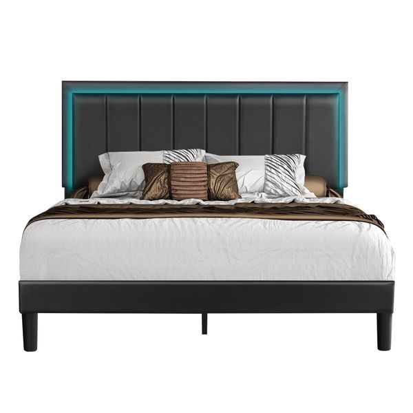 Bed Frame Queen Size RGB LED Lights Headboard Platform Mattress Base Black PU Leather Height Adjustable Bedhead Wooden Bedroom Furniture