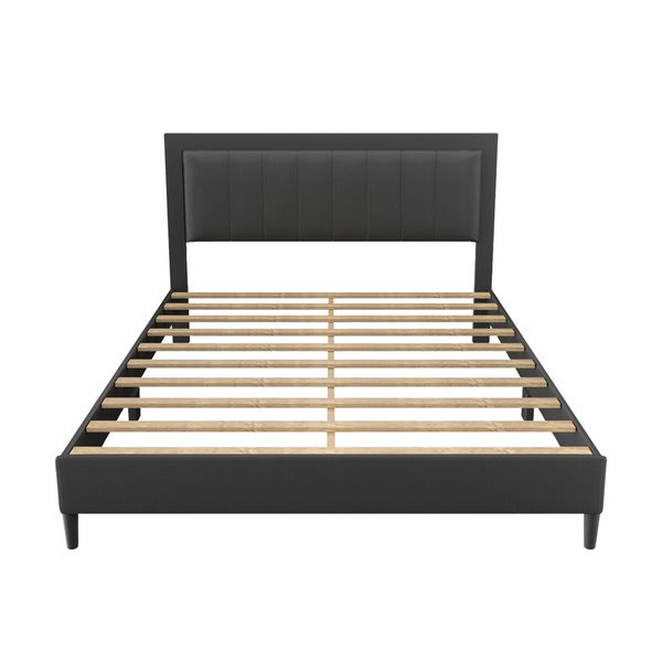 Bed Frame Queen Size RGB LED Lights Headboard Platform Mattress Base Black PU Leather Height Adjustable Bedhead Wooden Bedroom Furniture