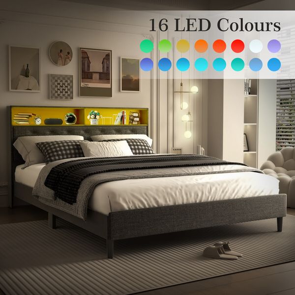 LED Bed Frame with Storage Headboard Queen Size Platform Mattress Base Foundation Shelf Bookcase Bedroom Furniture Wooden Slat Fabric Grey