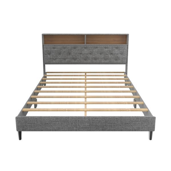 LED Bed Frame with Storage Headboard Queen Size Platform Mattress Base Foundation Shelf Bookcase Bedroom Furniture Wooden Slat Fabric Grey