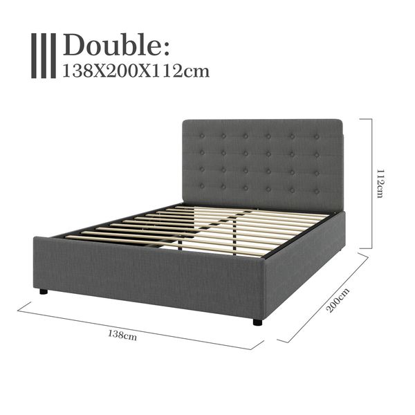 Double Bed Frame with Headboard Gas Lift Up Storage Platform Wooden Mattress Base Foundation Support Hydraulic Upholstered Linen Fabric Grey