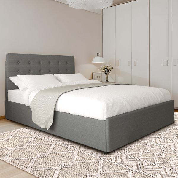 Double Bed Frame with Headboard Gas Lift Up Storage Platform Wooden Mattress Base Foundation Support Hydraulic Upholstered Linen Fabric Grey