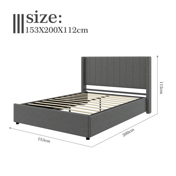 Wooden Bed Frame Queen Size Mattress Base Platform Gas Lift Up Underbed Storage Upholstered Fabric Wingback Headboard Bedroom Furniture Grey