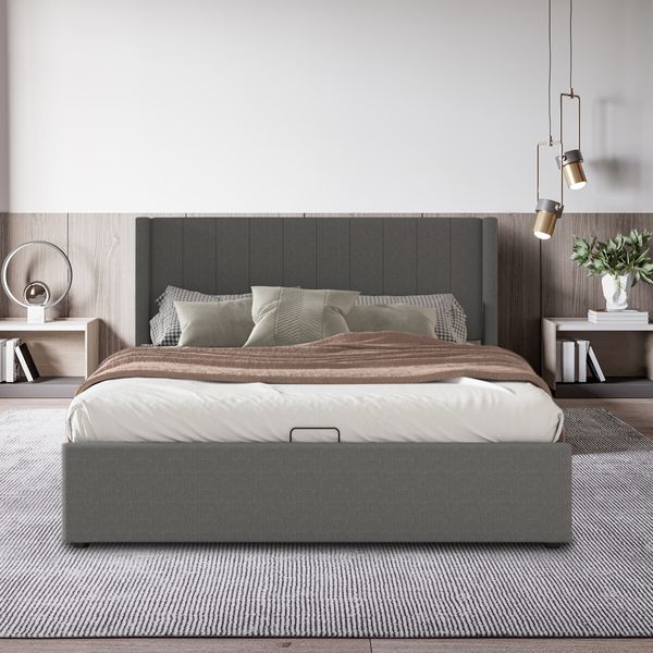 Wooden Bed Frame Queen Size Mattress Base Platform Gas Lift Up Underbed Storage Upholstered Fabric Wingback Headboard Bedroom Furniture Grey