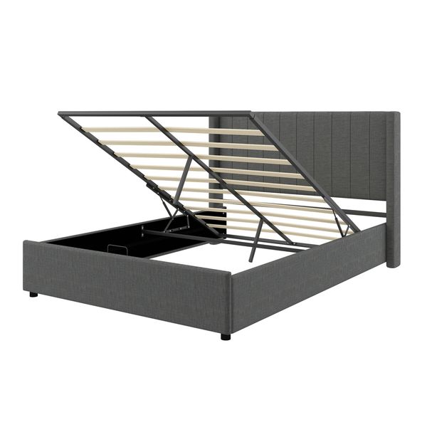 Wooden Bed Frame Queen Size Mattress Base Platform Gas Lift Up Underbed Storage Upholstered Fabric Wingback Headboard Bedroom Furniture Grey