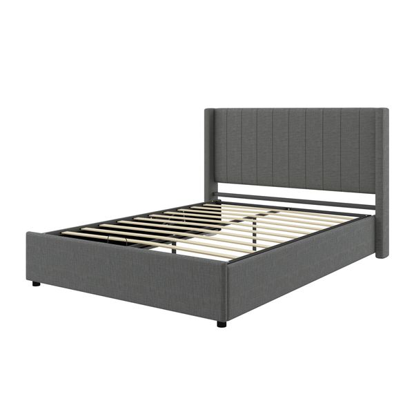 Wooden Bed Frame Queen Size Mattress Base Platform Gas Lift Up Underbed Storage Upholstered Fabric Wingback Headboard Bedroom Furniture Grey