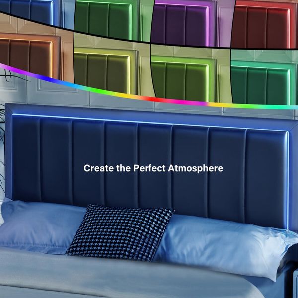 Bed Frame Double Size RGB LED Lights Headboard Platform Mattress Base Black PU Leather Height Adjustable Bedhead Wooden Bedroom Furniture