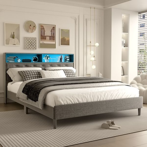 LED Bed Frame with Storage Headboard Double Size Platform Mattress Base Foundation Shelf Bookcase Bedroom Furniture Wooden Slat Fabric Grey