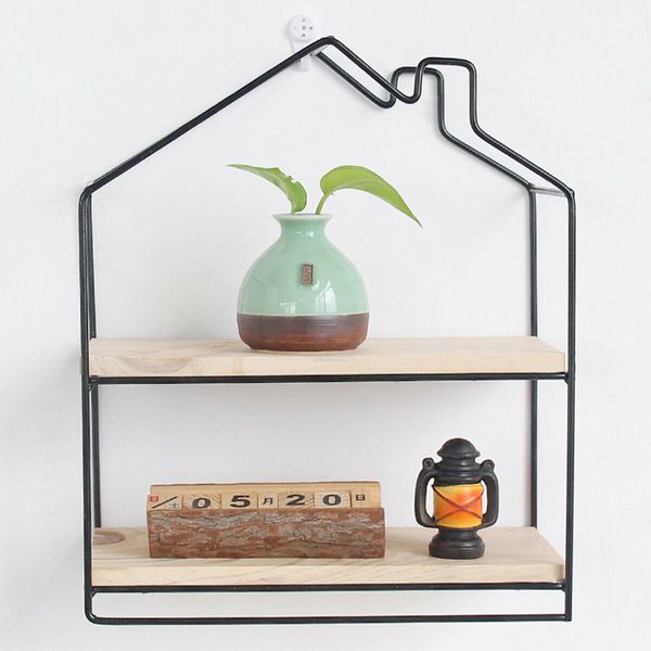 Storage Shelf Wall Hanging Double Layer Wooden Rack Metal Wire Floating ShelvesBlack